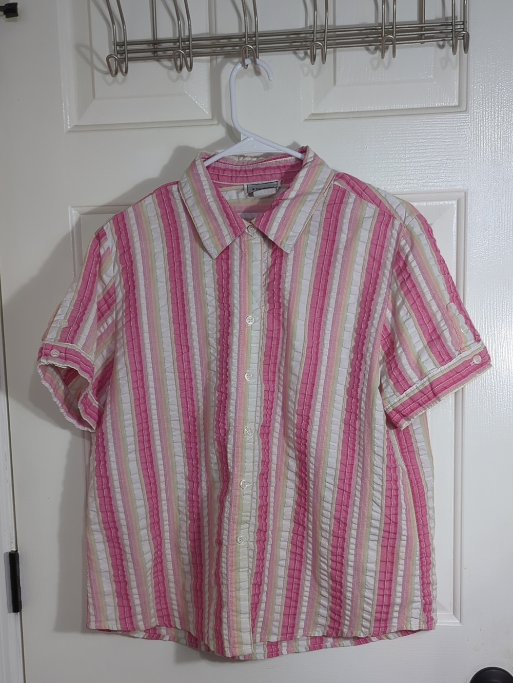 Nikki Women's Pink & White Striped Short-Sleeve Button-Up Shirt